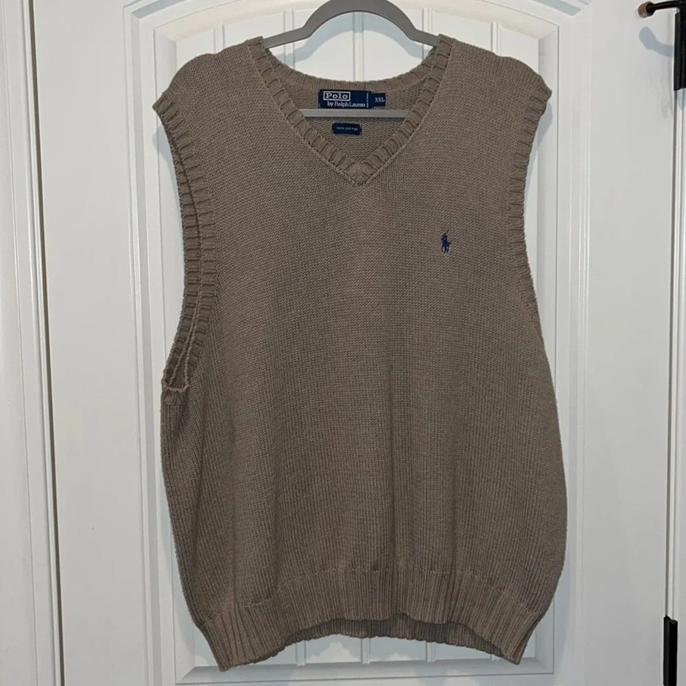 Tan taupe Polo Ralph Lauren cotton sweater v neck vest XXL preppy classic
